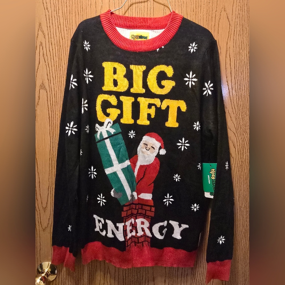 NWT Tipsy Elves Big Gift Energy Black and Red Santa Sweater Mens Size Large